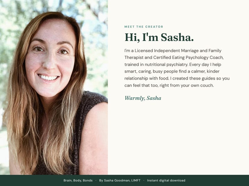 Meet the creator: a portrait of Sasha Goodman with a short welcome note. Hi, I am Sasha, a Licensed Independent Marriage and Family Therapist and Certified Eating Psychology Coach.