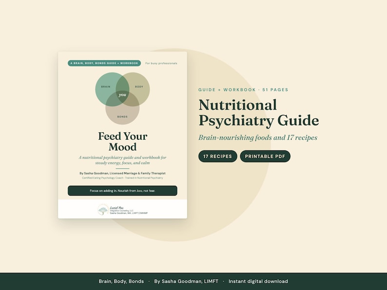 May include: A 51-page Nutritional Psychiatry Guide and workbook titled Feed Your Mood by Sasha Goodman. The cover features a Venn diagram of brain, body, and bonds, with text detailing brain-nourishing foods, 17 recipes, and a printable PDF format.