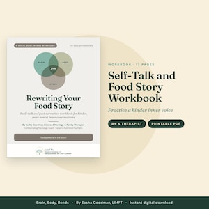 May include: A 17-page workbook titled Rewriting Your Food Story by Sasha Goodman, featuring a Venn diagram of brain, body, and bonds. The cover includes text about self-talk, food narratives, and a printable PDF label for digital download.