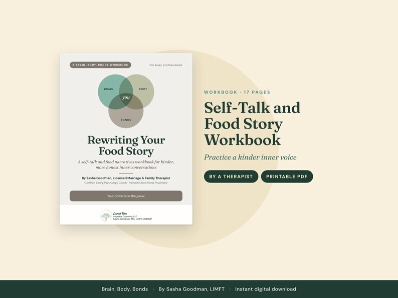 May include: A 17-page workbook titled Rewriting Your Food Story by Sasha Goodman, featuring a Venn diagram of brain, body, and bonds. The cover includes text about self-talk, food narratives, and a printable PDF label for digital download.