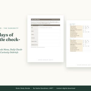 May include: A digital journal titled 30 days of gentle check-ins featuring a Needs Menu page with categories for rest, movement, and connection, alongside a daily check-in page with prompts for energy levels and mood tracking.