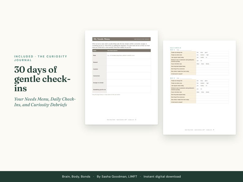 May include: A digital journal titled 30 days of gentle check-ins featuring a Needs Menu page with categories for rest, movement, and connection, alongside a daily check-in page with prompts for energy levels and mood tracking.