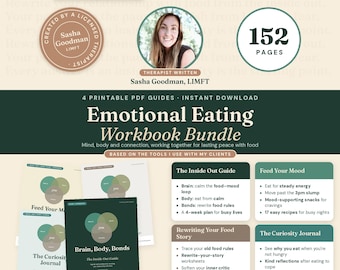 Emotional Eating Workbook Bundle, Mindful Food and Mood Journal, Nutritional Psychiatry Guide, Therapist Printable PDF