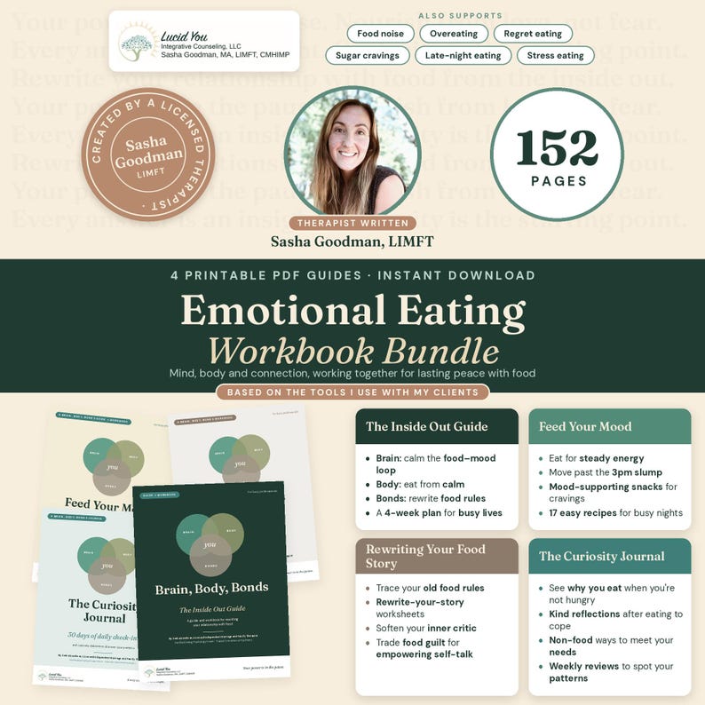 Emotional Eating Workbook Bundle, Mindful Food and Mood Journal, Nutritional Psychiatry Guide, Therapist Printable PDF image 1