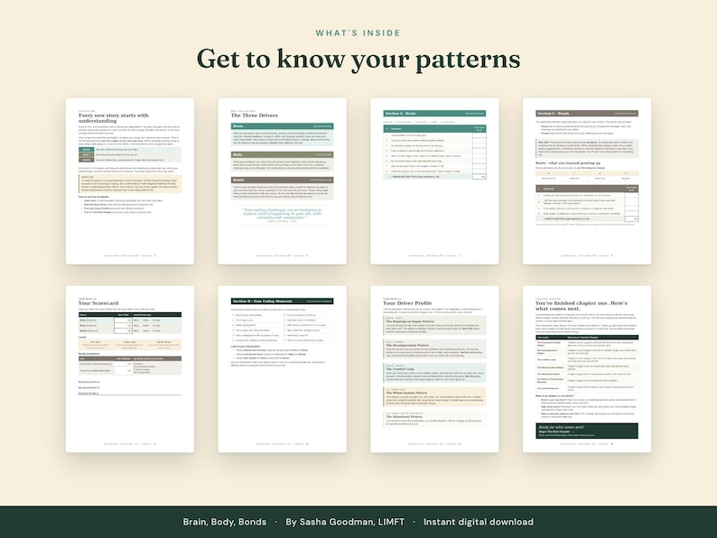 May include: Eight pages of a digital document titled Get to know your patterns, featuring text, tables, and checklists. The pages include sections like The Three Drivers, Your Scorecard, and Your Driver Profile, with green and beige accents.