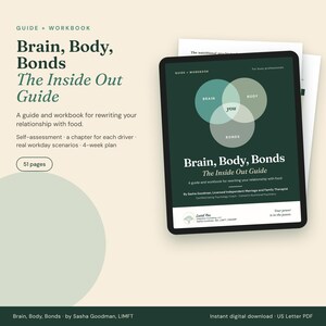 Brain, Body, Bonds: The Inside Out Guide cover shown on a tablet, with a Venn diagram of Brain, Body, and Bonds. Guide and workbook, 51 pages, by Sasha Goodman, LIMFT.