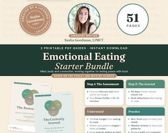 Emotional Eating Self-Assessment and Food Mood Journal Bundle by a Therapist, Mindful Printable Set, Digital Download PDF