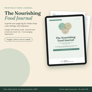 The Nourishing Food Journal cover shown on a tablet, a Brain, Body, Bonds food journal printable with a Venn diagram of Brain, Body, and Bonds. 11 pages by Sasha Goodman, LIMFT.