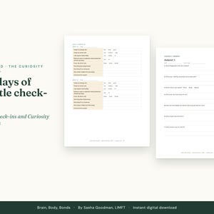 May include: A digital journal page titled 30 days of gentle check-ins featuring daily check-in prompts with checkboxes and a Curiosity Debrief page with numbered questions for reflection, all printed in black text on a white background.