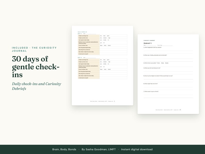 May include: A digital journal page titled 30 days of gentle check-ins featuring daily check-in prompts with checkboxes and a Curiosity Debrief page with numbered questions for reflection, all printed in black text on a white background.