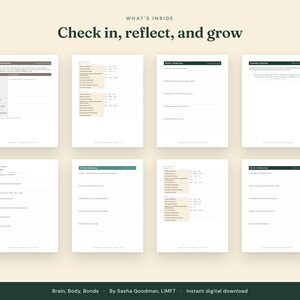 May include: Eight white pages of a digital journal featuring dark green headers and text. The pages include sections titled Check in, reflect, and grow, My Daily Goals, Week 1 Reflection, Complete Wellness, Session 1, My Daily Reflection, and Week 2 Reflection.