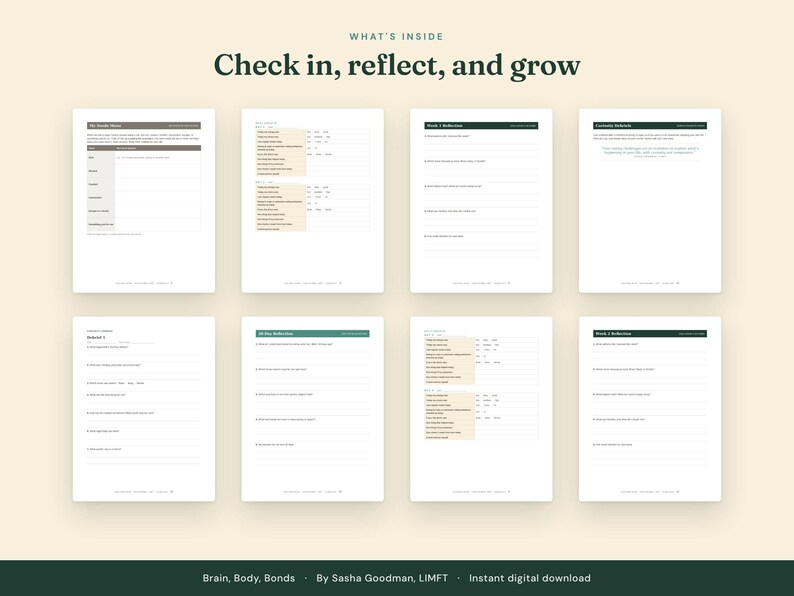 May include: Eight white pages of a digital journal featuring dark green headers and text. The pages include sections titled Check in, reflect, and grow, My Daily Goals, Week 1 Reflection, Complete Wellness, Session 1, My Daily Reflection, and Week 2 Reflection.