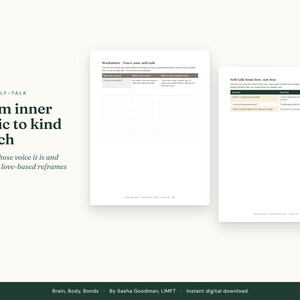 May include: A digital worksheet titled From inner critic to kind coach featuring two pages with tables for self-talk exercises. The text includes headers like Trace your self-talk and Self-talk from love, not fear, with columns for recording thoughts and reframing them.