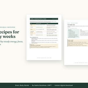 May include: A digital document titled 17 recipes for busy weeks featuring a guide to building a satisfying bowl or salad and a recipe for overnight oats. The text includes ingredient lists, preparation steps, and easy swap suggestions.