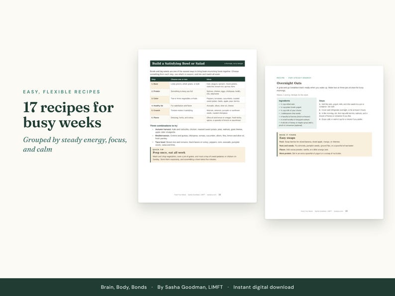 May include: A digital document titled 17 recipes for busy weeks featuring a guide to building a satisfying bowl or salad and a recipe for overnight oats. The text includes ingredient lists, preparation steps, and easy swap suggestions.