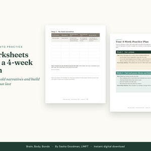 Puede incluir: Un documento digital titulado Put It Into Practice Worksheets and a 4-week plan, que presenta una tabla llamada Step 2 - My food narratives y una secci&oacute;n Your 4-Week Practice Plan con objetivos semanales y preguntas de reflexi&oacute;n.