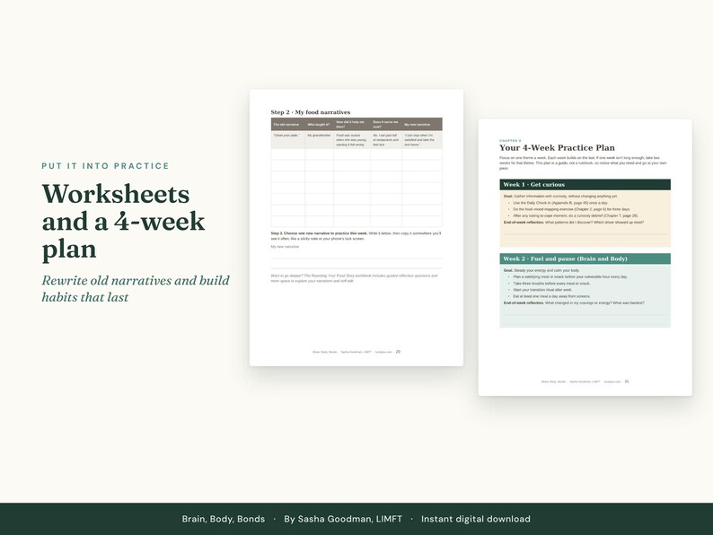 Puede incluir: Un documento digital titulado Put It Into Practice Worksheets and a 4-week plan, que presenta una tabla llamada Step 2 - My food narratives y una secci&oacute;n Your 4-Week Practice Plan con objetivos semanales y preguntas de reflexi&oacute;n.