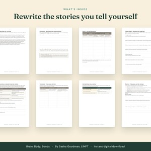 May include: A digital workbook titled Rewrite the stories you tell yourself, featuring eight pages of worksheets and exercises. The pages include tables, prompts, and text sections for self-reflection, authored by Sasha Goodman, LIMFT.