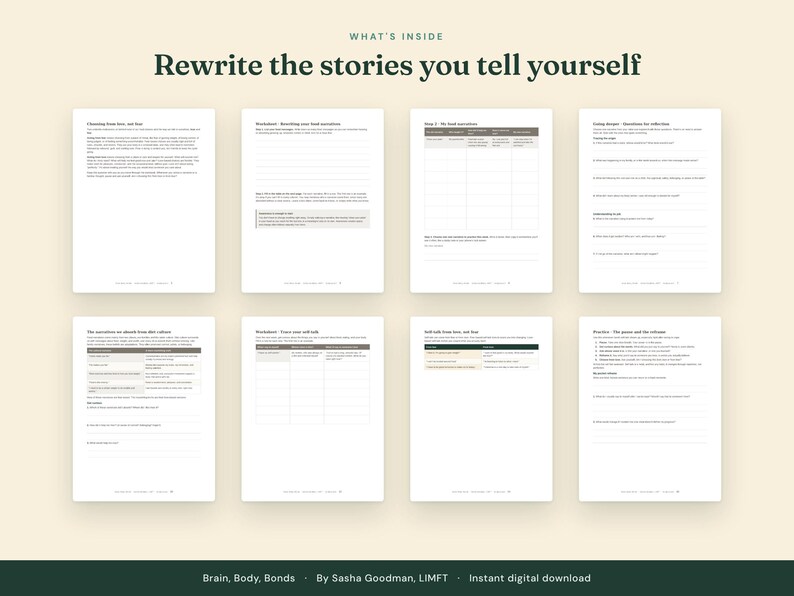 May include: A digital workbook titled Rewrite the stories you tell yourself, featuring eight pages of worksheets and exercises. The pages include tables, prompts, and text sections for self-reflection, authored by Sasha Goodman, LIMFT.