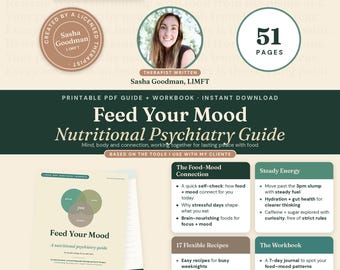 Mood Boosting Recipes and Brain Food Guide, Nutritional Psychiatry Workbook by a Therapist, Steady Energy Printable PDF