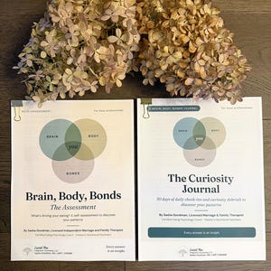 Bundel met zelfevaluatievragenlijsten over emotioneel eten en een dagboek over je stemming en eetgewoonten, samengesteld door een therapeut, inclusief printbare mindful-materialen en een digitale PDF-download.