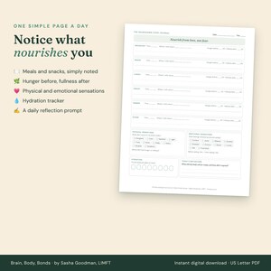 A daily page from The Nourishing Food Journal with meals and snacks, hunger before and fullness after, physical and emotional sensations, a hydration tracker, and a reflection prompt.
