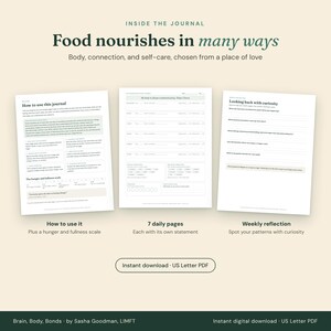Inside The Nourishing Food Journal: the how-to page with a hunger and fullness scale, a daily page, and a weekly reflection page. Food nourishes in many ways.