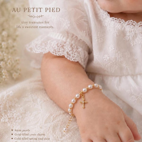 Pearl Baby Bracelet with Gold Filled Cross | Baptism Gift for Baby Girl | Christening Bracelet | Dedication Gift | Heirloom Baby Jewelry