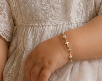 Baby Baptism Bracelet, Freshwater Pearl Cross Bracelet, Christening Gift, Gold Filled or Sterling Silver,Personalized Baby Bracelet,Godchild