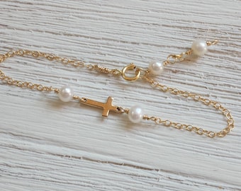 Baby Baptism Cross Bracelet – Gold & Pearl Christening Jewelry, Newborn Catholic Gift, Goddaughter Dedication Bracelet, Infant Keepsake