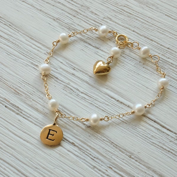 Personalized pearl baby bracelet-initial bracelet-baby shower gift-baby girl-toddler bracelet-christening-baptism-heart-baby naming