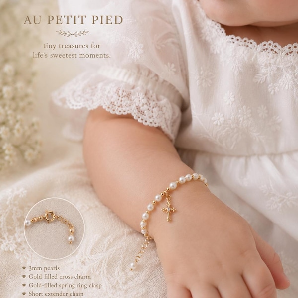 Pearl Baby Bracelet with Gold Filled Cross | Baptism Gift for Baby Girl | Christening Bracelet | Dedication Gift | Heirloom Baby Jewelry