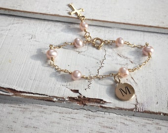 freshwater pearl baby baptism bracelet-initial bracelet-toddler bracelet-christening gift-godchild gift-baptism-cross jewelry for children