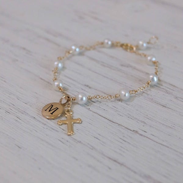 Personalized Gold and pearl baby bracelet-initial bracelet-baby shower gift-baby girl-toddler bracelet-christening gift-baptism bracelet