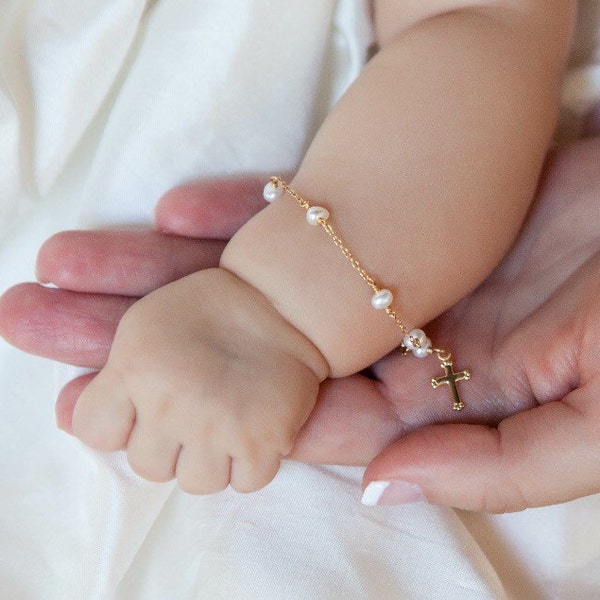 Baby baptism Bracelet,Cross Baby Bracelet,Baptism Jewelry,Pearl Baby Bracelet,Godchild Gift,Baby Girl Cross Jewelry,dedication gift