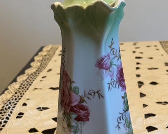 Antique Germany Porcelain Chocolate Pot Pink Cabbage Roses Floral Pitcher Lid