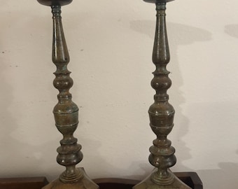 Set of 2 Antique 15" Baroque Style Patinated Bronze Altar Candlesticks, 6" Monogrammed Base