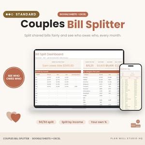 Couples Bill Splitter, Shared Expenses 50/50 or Income Based, Monthly Settle Up, Google Sheets Excel