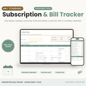 Pode incluir: Um modelo digital de rastreador de assinaturas e contas para Google Sheets e Excel, exibido em uma tela de laptop e smartphone. A interface apresenta um calendário mensal, listas de pagamentos e alertas de período de teste gratuito em verde.