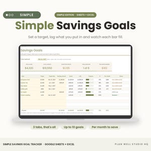 May include: A digital savings goal tracker displayed on a laptop screen. The interface features a dashboard titled Simple Savings Goals with columns for target amounts, saved funds, and progress bars. Text includes Simple Edition, Sheets + Excel, and Plan Well Studio HQ.