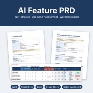 AI Feature PRD Template, AI Use Case Assessment, Scoring Matrix, Product Manager Word Excel Google Docs Sheets Notion