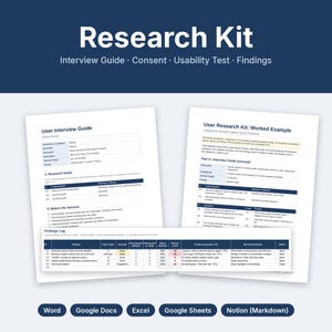 User Research Kit: Interview Guide, Consent Form, Usability Test Plan, Findings Report and Research Tracker | Word, Excel, Notion
