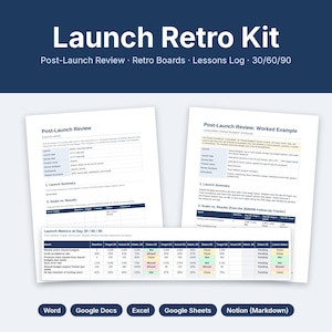 Può includere: Un kit di lancio retro che include un modello di revisione post-lancio, un esempio pratico e una tabella di metriche per il monitoraggio a 30/60/90 giorni. I file sono compatibili con Word, Google Docs, Excel, Google Sheets e Notion.