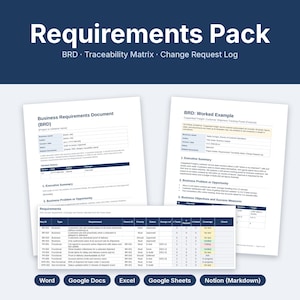 May include: A digital requirements pack featuring a Business Requirements Document, a traceability matrix, and a change request log. The documents include tables, executive summaries, and business objectives in a professional layout.