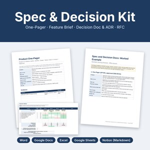 May include: A Spec & Decision Kit document set featuring a Product One-Pager template, a worked example of Spec and Decision Docs, and a Decision Matrix table. The text includes headers for Word, Google Docs, Excel, Google Sheets, and Notion.