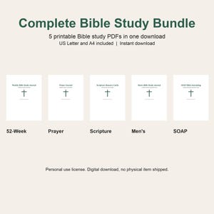 Op de afbeelding: Een digitaal pakket genaamd Complete Bible Study Bundle met vijf printbare PDF-documenten. De set bevat een wekelijks bijbelstudiejournaal, gebedsdagboek, bijbeltekst-geheugenkaarten en een SOAP-bijbeljournaal voor dagelijks gebruik.
