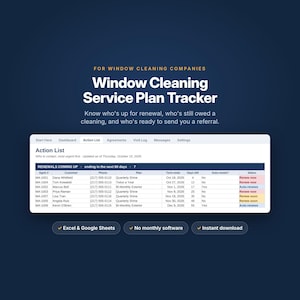 Planilha de controle de plano de serviço de limpeza de janelas, planilha para negócios de limpeza de janelas, modelo para clientes recorrentes, Excel e Planilhas Google