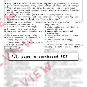 Theories and Laws Laws Describe, Theories Explain Worksheets, Florida 8th Grade Science Test Review, SC.7.N.3.1 SC.6.N.3.1 image 3