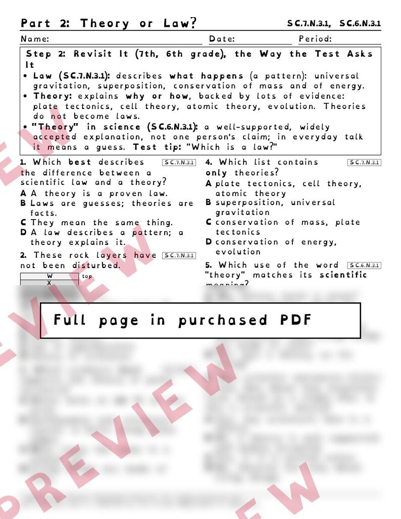 Theories and Laws Laws Describe, Theories Explain Worksheets, Florida 8th Grade Science Test Review, SC.7.N.3.1 SC.6.N.3.1 image 3