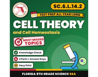 Cell Theory and Cell Homeostasis Worksheets, Florida 8th Grade Science Test Review, SC.6.L.14.2 SC.6.L.14.3, Printable Middle School Science
